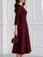 Sparkle Knit Boat Neck Bell Sleeve Fit-and-Flare Midi Dress