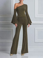 Olive Fall Fashion One Shoulder Bell Sleeve Top & Flare Pants Set