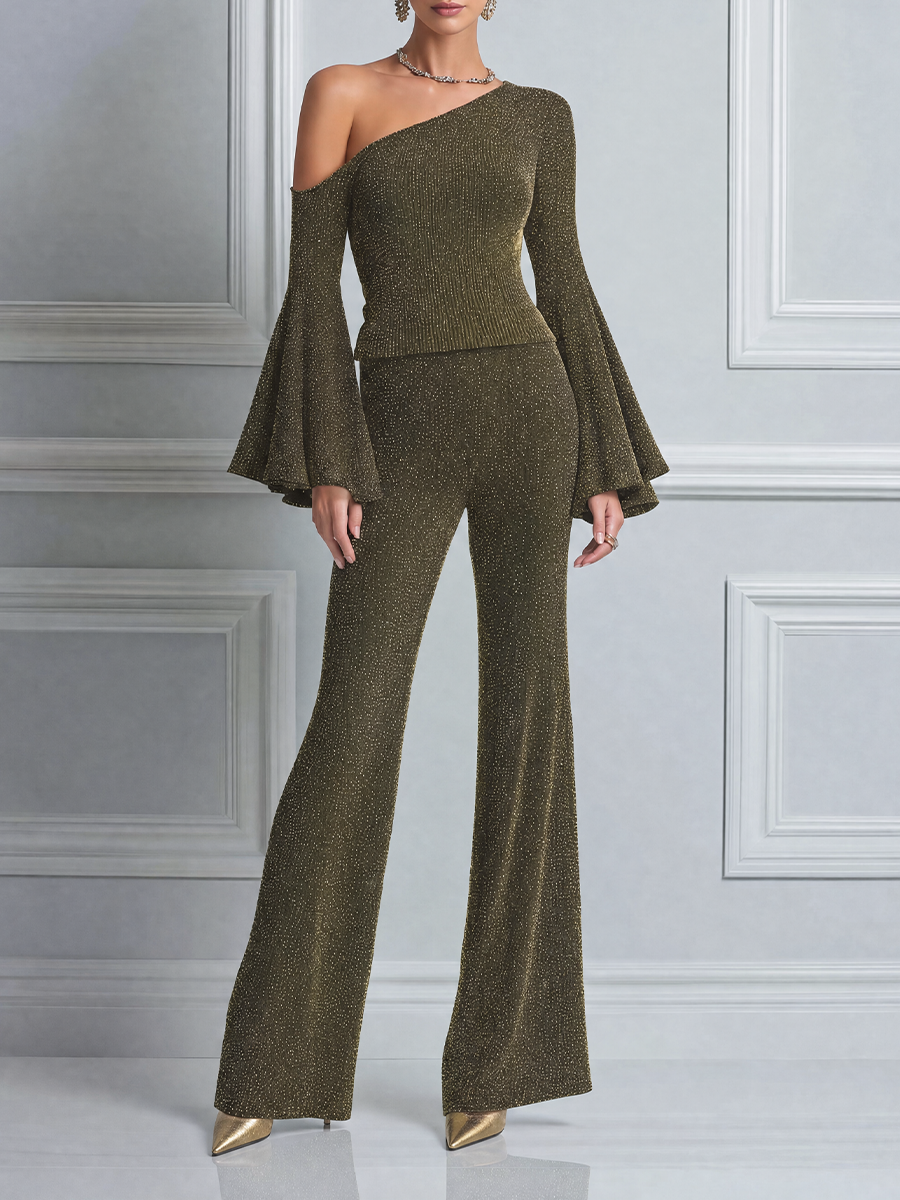 Olive Fall Fashion One Shoulder Bell Sleeve Top & Flare Pants Set