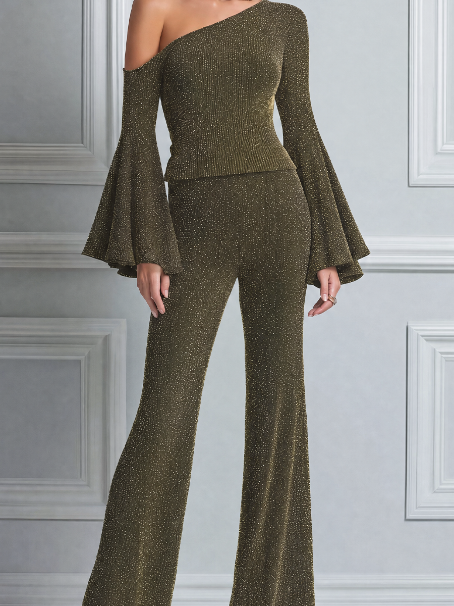 Olive Fall Fashion One Shoulder Bell Sleeve Top & Flare Pants Set