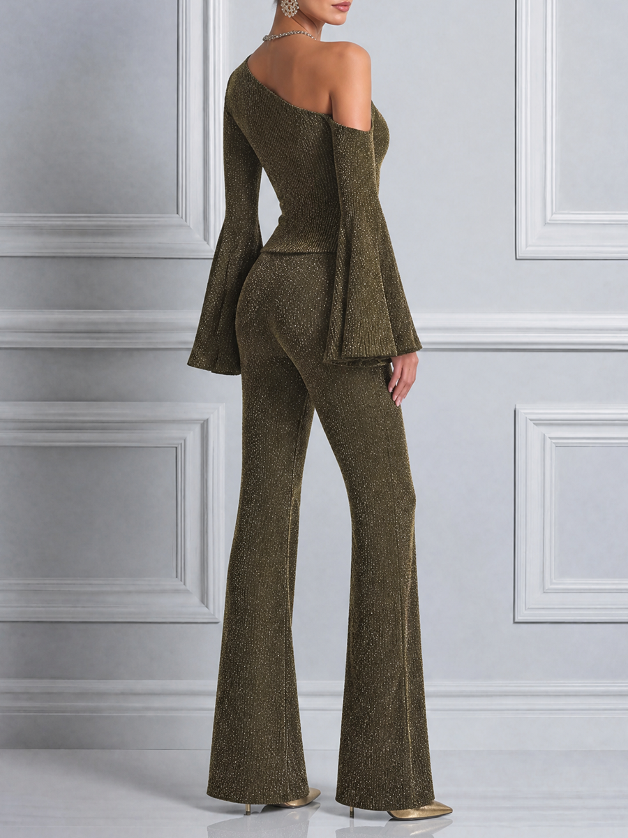 Olive Fall Fashion One Shoulder Bell Sleeve Top & Flare Pants Set