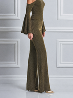 Olive Fall Fashion One Shoulder Bell Sleeve Top & Flare Pants Set