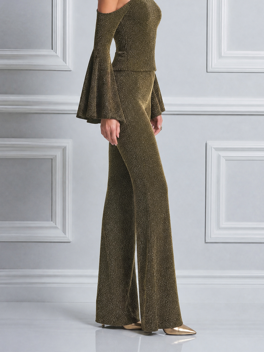 Olive Fall Fashion One Shoulder Bell Sleeve Top & Flare Pants Set