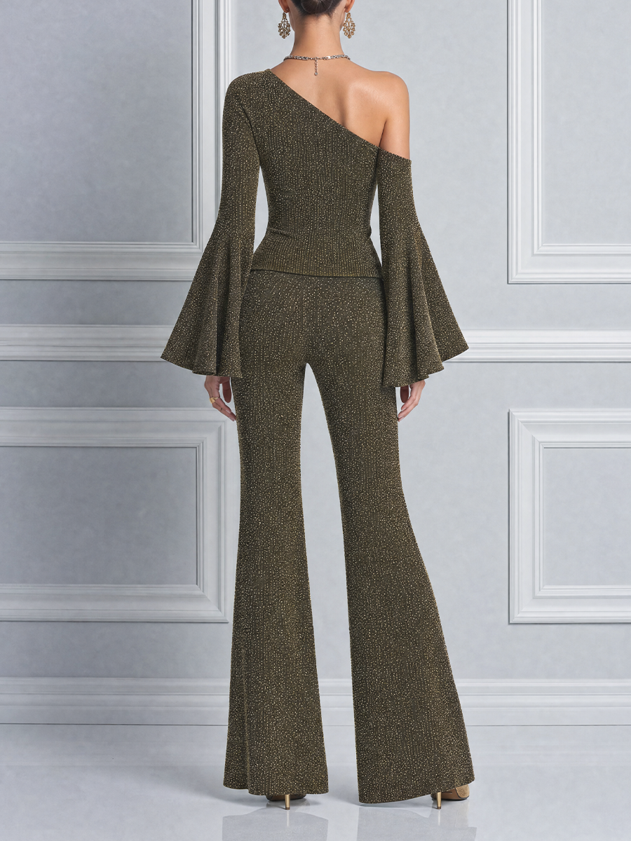 Olive Fall Fashion One Shoulder Bell Sleeve Top & Flare Pants Set