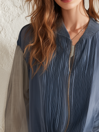Refined Slate Pleated Chiffon Bomber Jacket