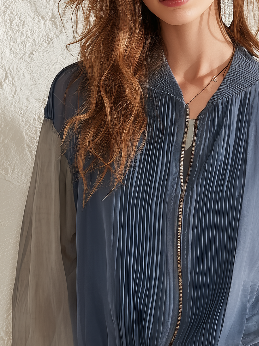 Refined Slate Pleated Chiffon Bomber Jacket