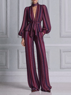 Burgundy Fall Fashion Striped Tie Waist Blouse & Wide Leg Pants Set