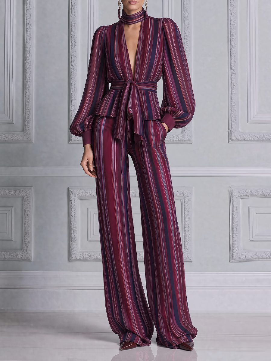 Burgundy Fall Fashion Striped Tie Waist Blouse & Wide Leg Pants Set
