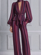 Burgundy Fall Fashion Striped Tie Waist Blouse & Wide Leg Pants Set