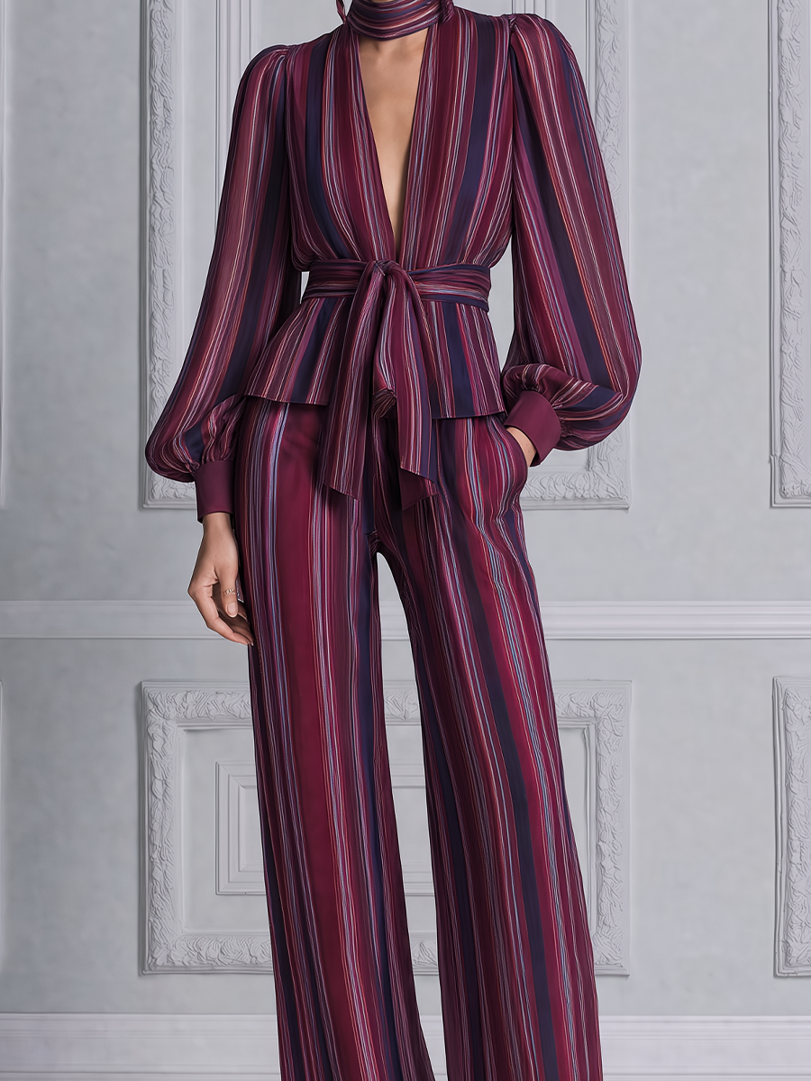 Burgundy Fall Fashion Striped Tie Waist Blouse & Wide Leg Pants Set