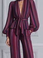 Burgundy Fall Fashion Striped Tie Waist Blouse & Wide Leg Pants Set