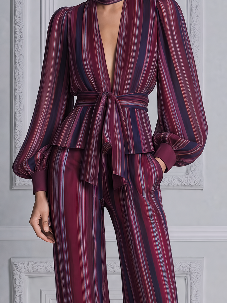 Burgundy Fall Fashion Striped Tie Waist Blouse & Wide Leg Pants Set