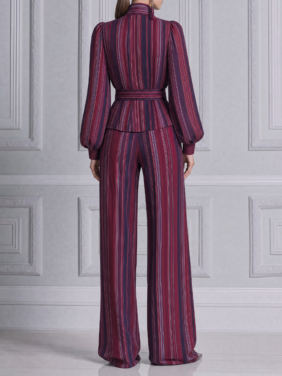 Burgundy Fall Fashion Striped Tie Waist Blouse & Wide Leg Pants Set