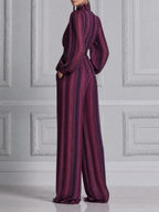 Burgundy Fall Fashion Striped Tie Waist Blouse & Wide Leg Pants Set
