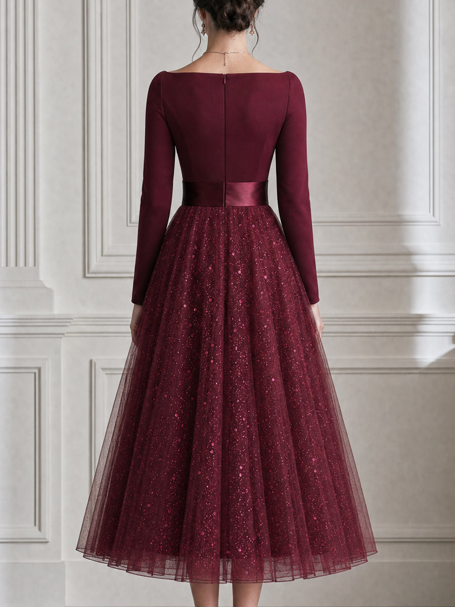 Sequin Tulle Long Sleeve Fit-and-Flare Midi Evening Dress