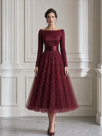 Sequin Tulle Long Sleeve Fit-and-Flare Midi Evening Dress