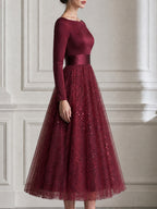 Sequin Tulle Long Sleeve Fit-and-Flare Midi Evening Dress