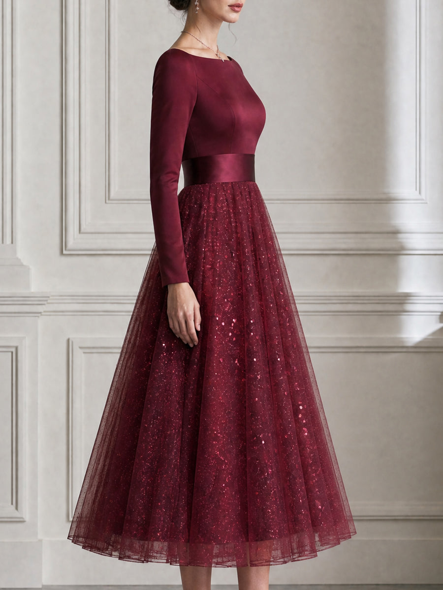 Sequin Tulle Long Sleeve Fit-and-Flare Midi Evening Dress