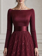 Sequin Tulle Long Sleeve Fit-and-Flare Midi Evening Dress