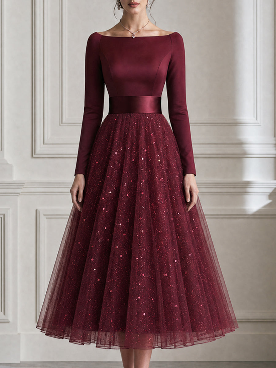 Sequin Tulle Long Sleeve Fit-and-Flare Midi Evening Dress