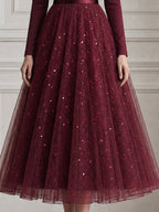 Sequin Tulle Long Sleeve Fit-and-Flare Midi Evening Dress
