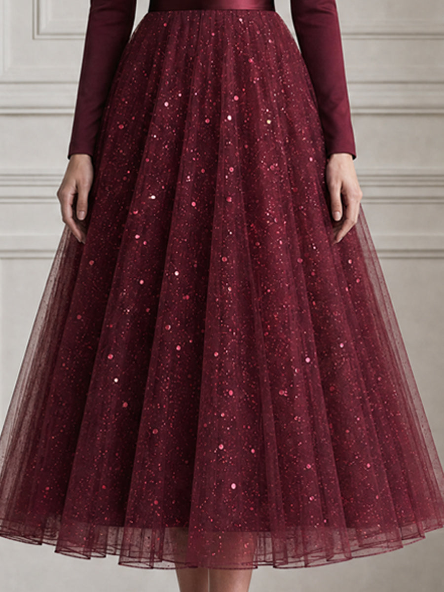 Sequin Tulle Long Sleeve Fit-and-Flare Midi Evening Dress