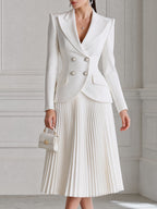 Elegant Double-Breasted Blazer & Pleated Midi Skirt Set
