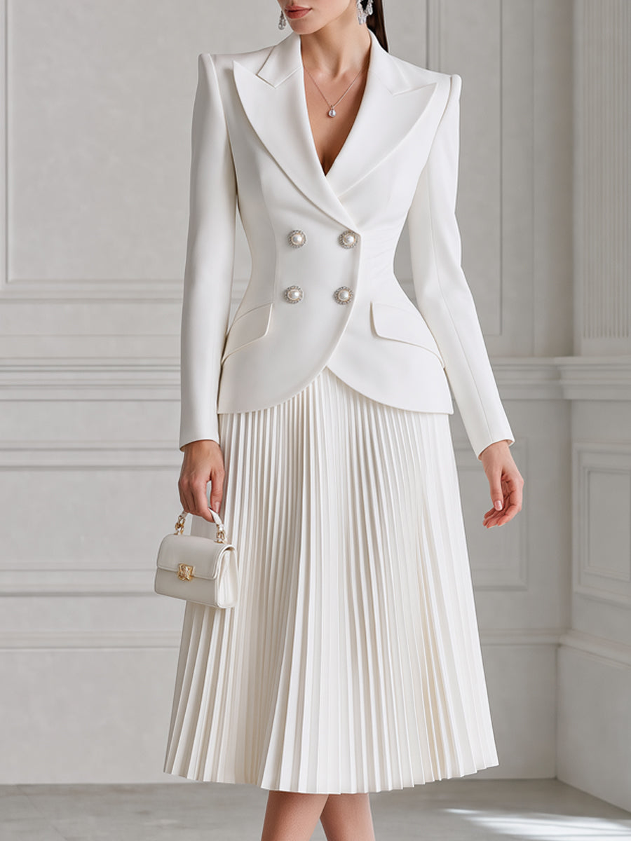 Elegant Double-Breasted Blazer & Pleated Midi Skirt Set