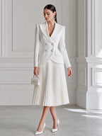 Elegant Double-Breasted Blazer & Pleated Midi Skirt Set