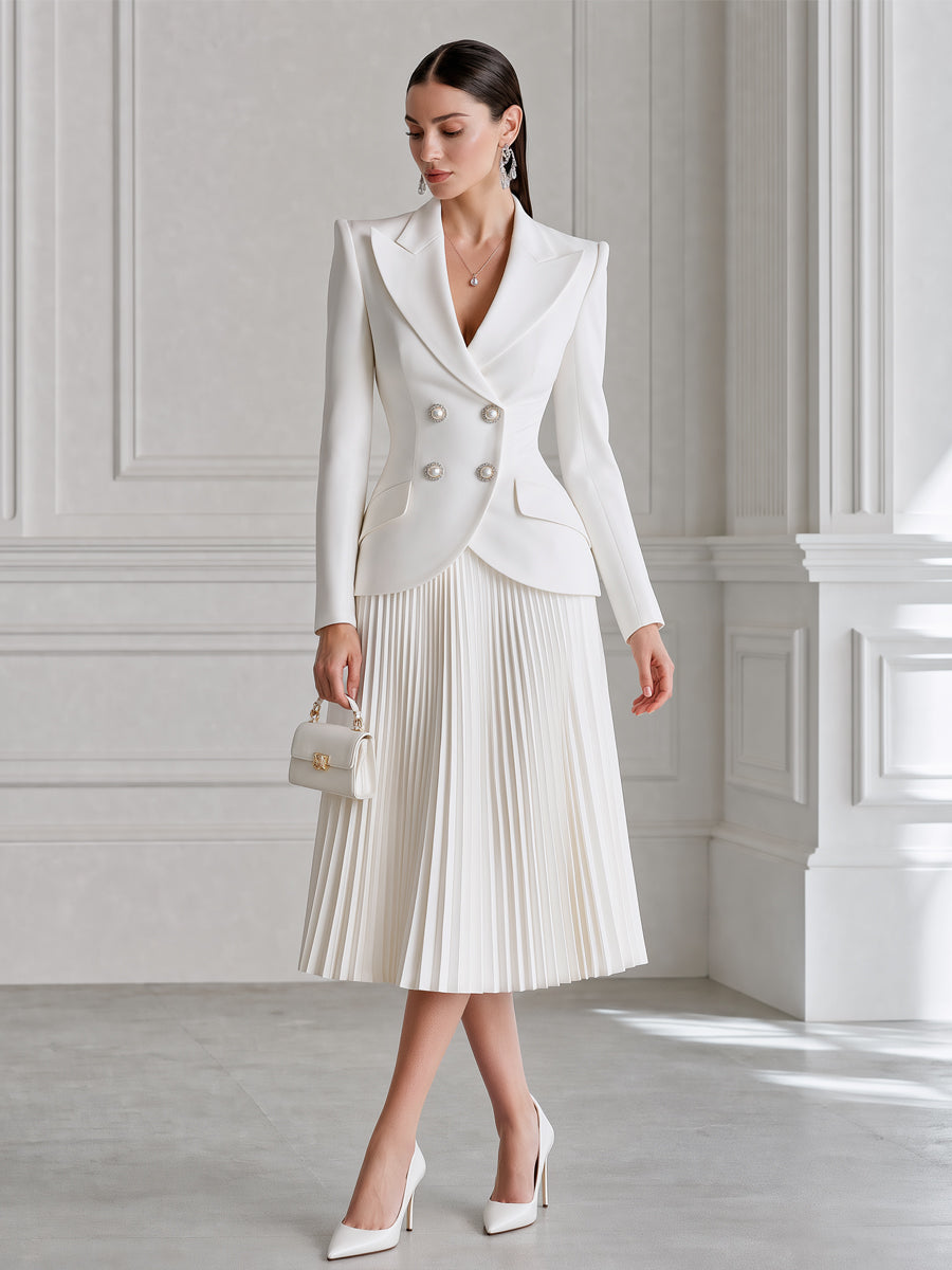 Elegant Double-Breasted Blazer & Pleated Midi Skirt Set