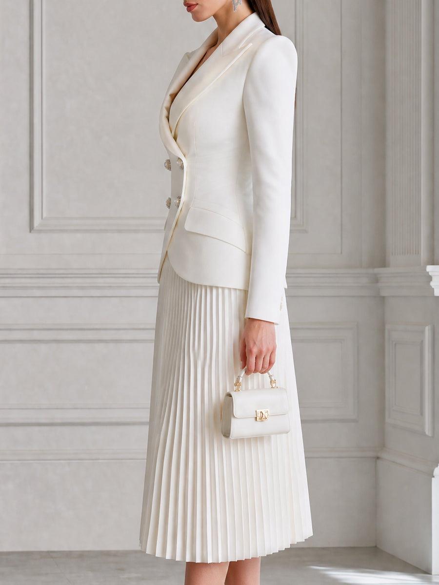 Elegant Double-Breasted Blazer & Pleated Midi Skirt Set
