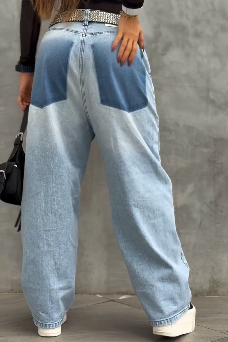 Women's Patchwork Washed Casual Wide Leg Jeans