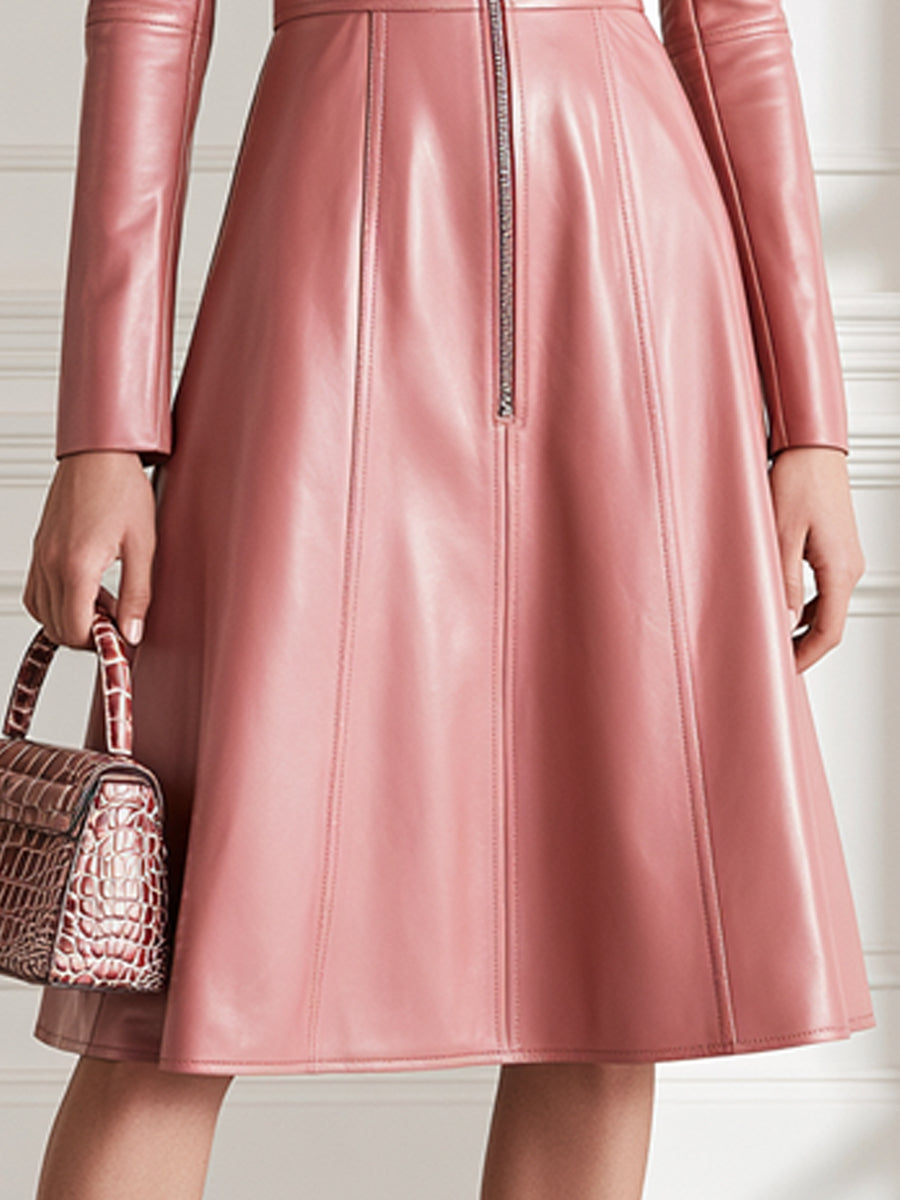 Faux Leather Zip-Front Fit-and-Flare Midi Dress
