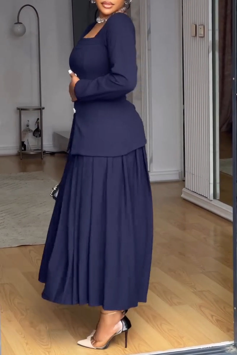Women's Square Collar Waist Cinched Top+ Pleated Half Skirt Elegant Temperament Set
