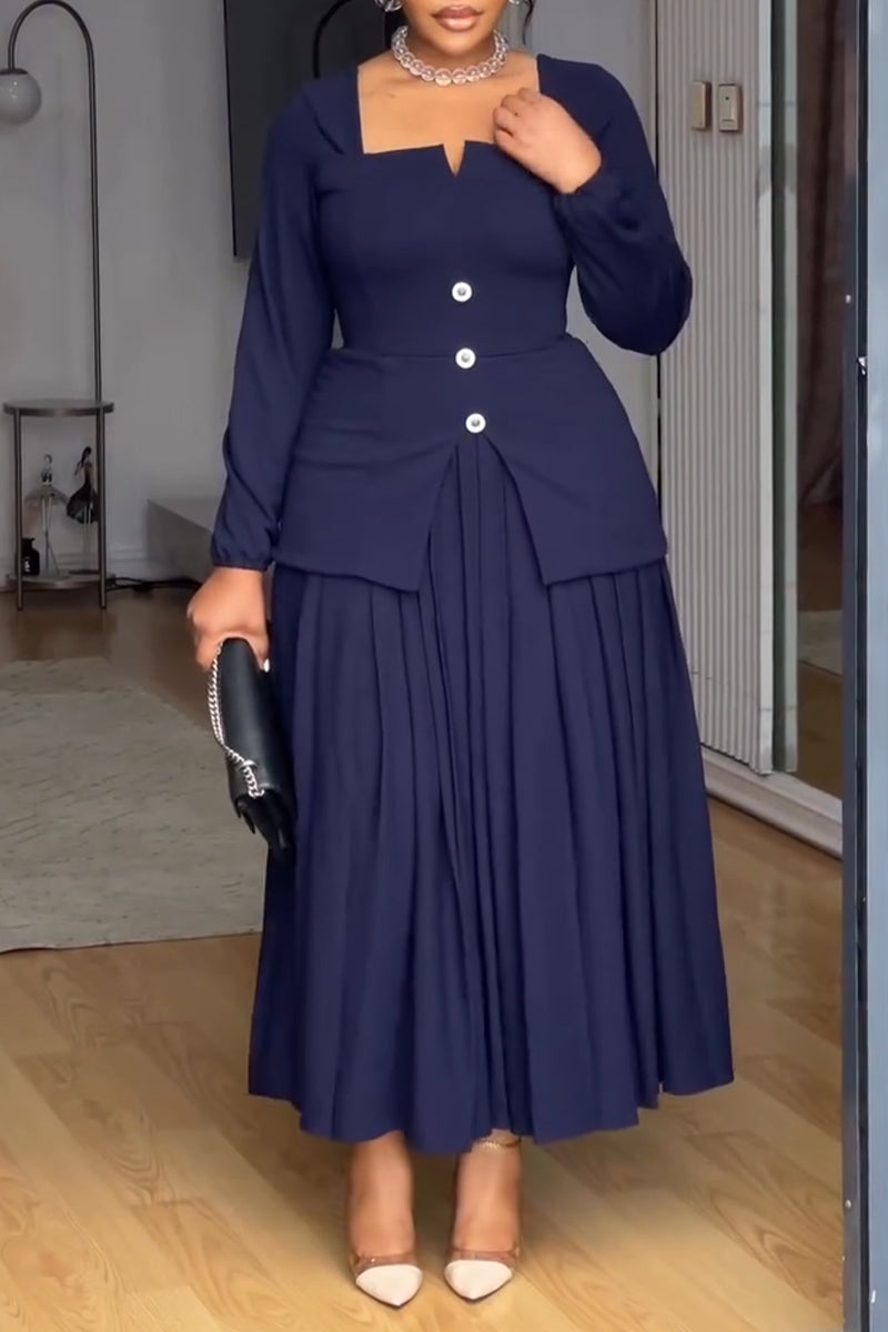 Women's Square Collar Waist Cinched Top+ Pleated Half Skirt Elegant Temperament Set