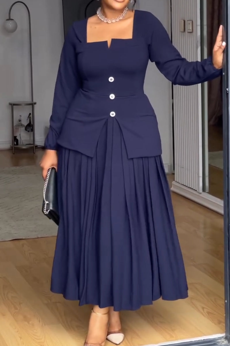 Women's Square Collar Waist Cinched Top+ Pleated Half Skirt Elegant Temperament Set