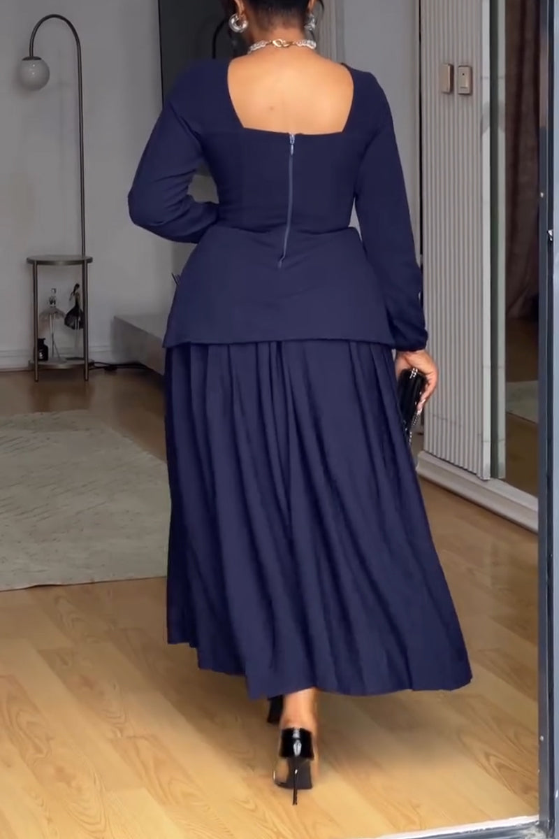Women's Square Collar Waist Cinched Top+ Pleated Half Skirt Elegant Temperament Set