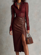 Elegant Lace Blouse With Shirt Collar & Button-Detail Faux PU Slit Skirt Set