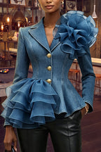 Women's Fashion Lapel Mesh Ruffle Flower Decoration Denim Blazer