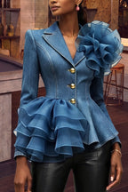 Women's Fashion Lapel Mesh Ruffle Flower Decoration Denim Blazer