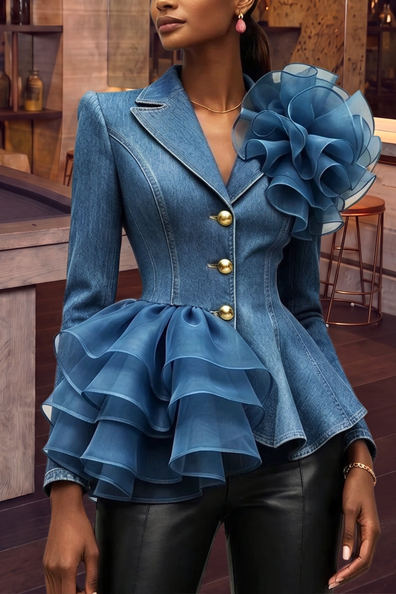 Women's Fashion Lapel Mesh Ruffle Flower Decoration Denim Blazer