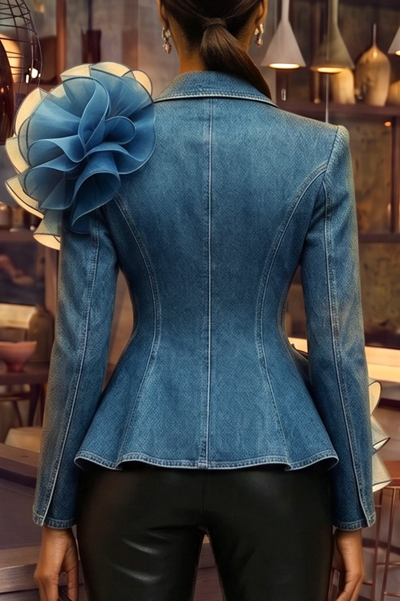 Women's Fashion Lapel Mesh Ruffle Flower Decoration Denim Blazer