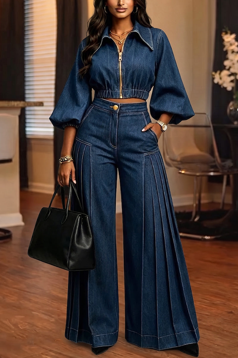 Women's Fashion Puff Sleeve Short Denim Jacket or Wide Leg Jeans