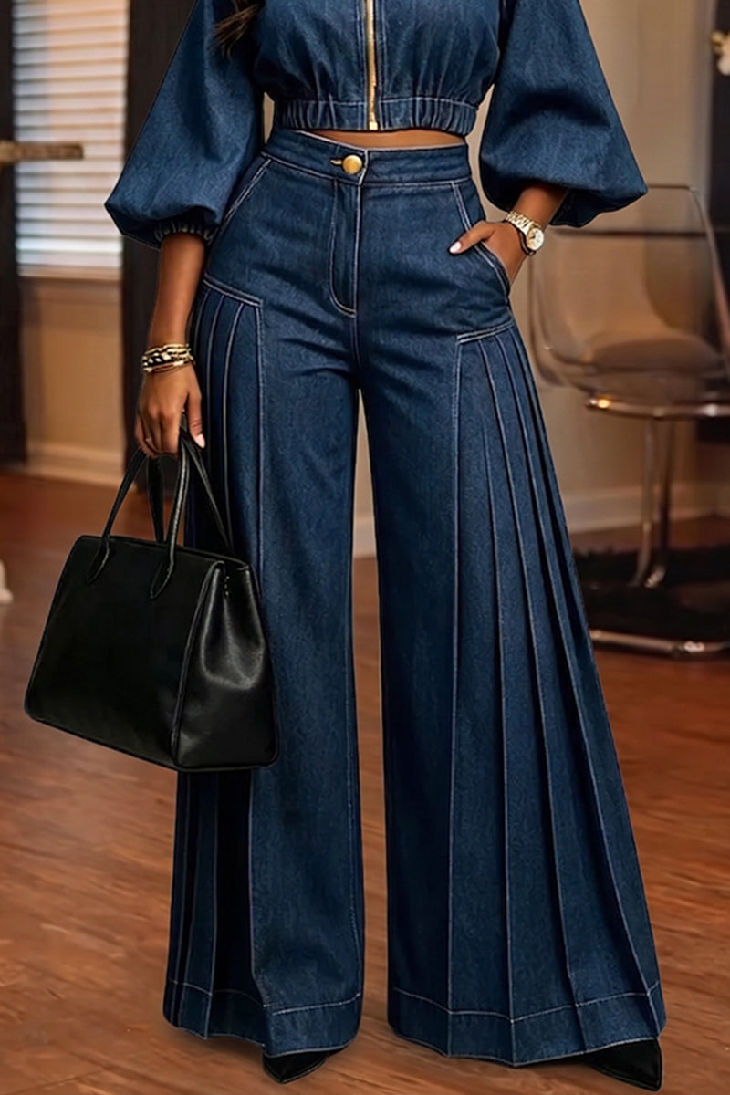 Women's Fashion Puff Sleeve Short Denim Jacket or Wide Leg Jeans