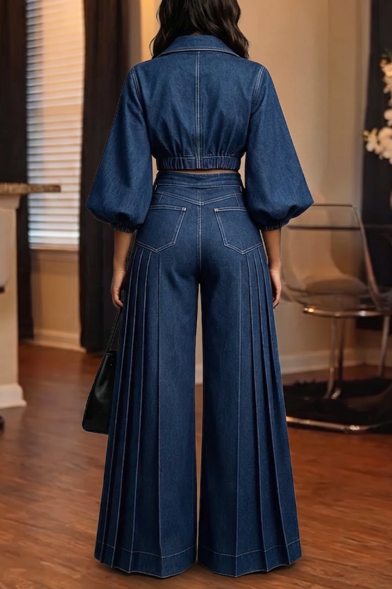 Women's Fashion Puff Sleeve Short Denim Jacket or Wide Leg Jeans