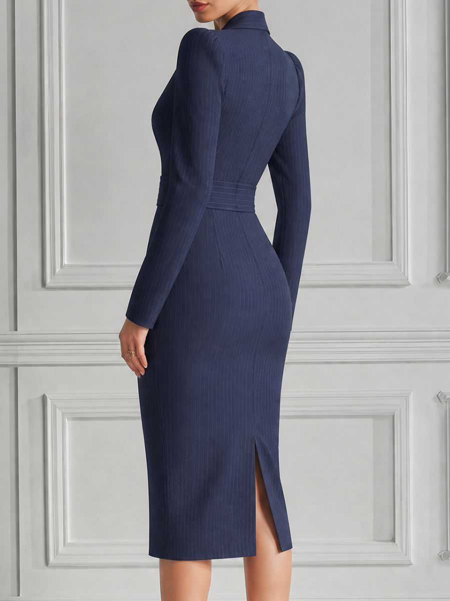 Navy Fall Wedding Guest Dress Pinstripe Wrap Blazer Midi Dress