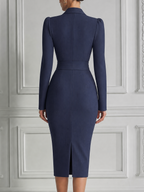 Navy Fall Wedding Guest Dress Pinstripe Wrap Blazer Midi Dress