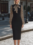 Leopard-Print Bow-Tie Sleeve Structured Midi Dress