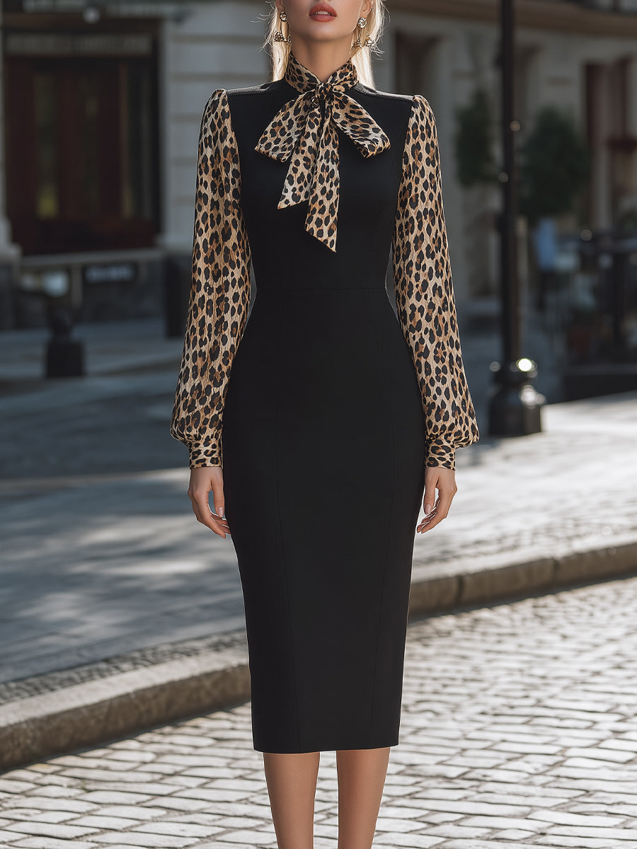 Leopard-Print Bow-Tie Sleeve Structured Midi Dress