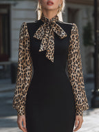 Leopard-Print Bow-Tie Sleeve Structured Midi Dress